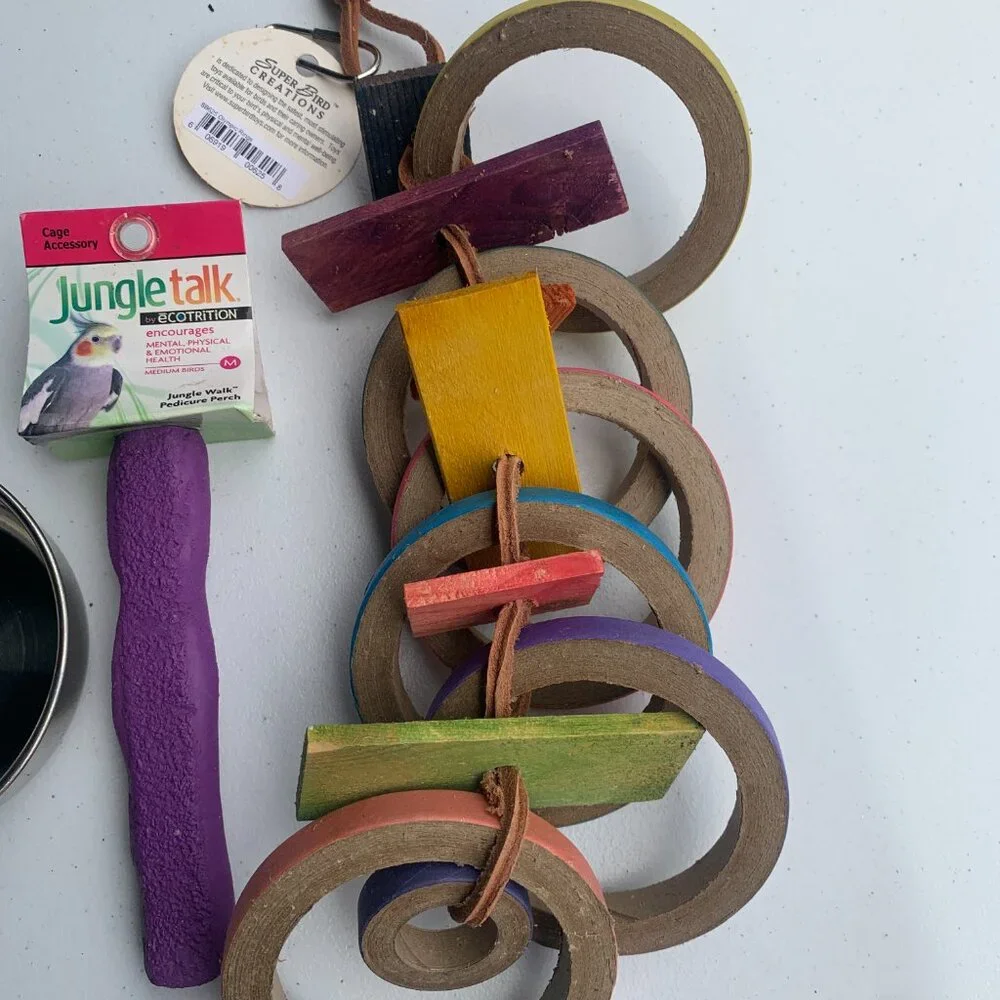 BIRD SUPPLIES - 3pc lot PARROT MACCAW, hanging cage toys, blocks, perch, bowl